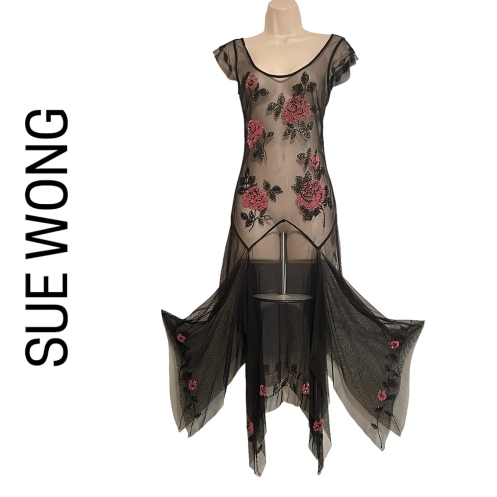 VINTAGE GOWN SUE WONG Beaded Floral Peekaboo Mesh Underslip Prom Black Tie Y2K